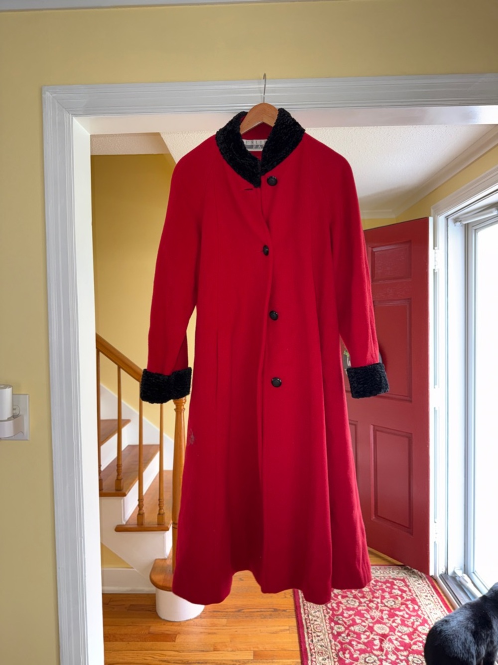 Leslie Fay Red Coat with Black Faux Fur Trim
